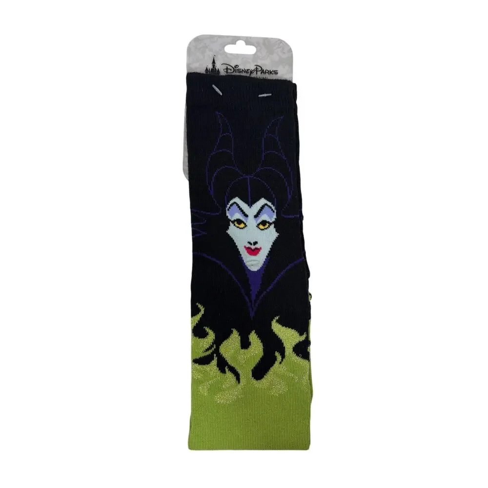 Disney Parks Crew Socks Adult One Size Black Maleficent Green Flame Graphic NWT